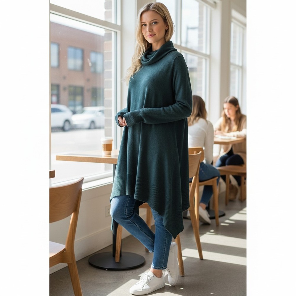 Apt 9 Womens Hunter Green Cowl Neck Sharkbite Hem Tunic Sweater Large L